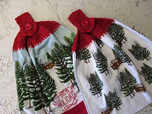 Set of 2 Holiday Double Layer Hanging Kitchen Hand Towels, Home For THe Holidays Country Christmas, Red Metallic Crochet Top