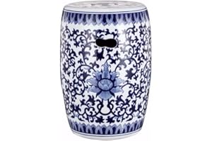 BENZARA Benjara 11 Inch Garden Stool, Ceramic Drum Shape, Blue, White Floral Pattern