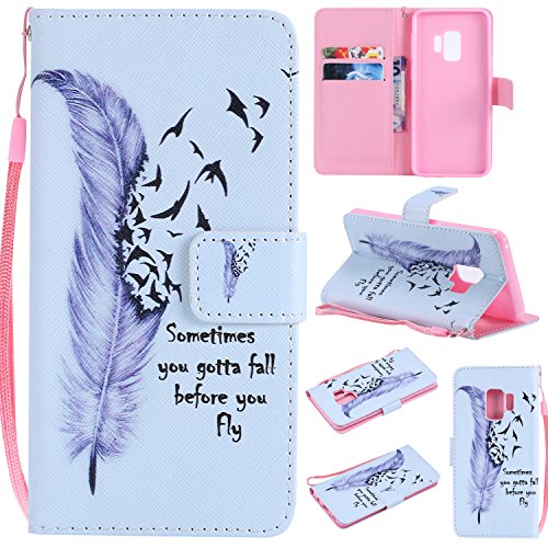 Galaxy S9 Case, Linkertech PU Leather Flip Wallet Pouch Case Cover Kickstand Feature with Card Slots and Wrist Strap for Samsung Galaxy S9 (2018) - Feather