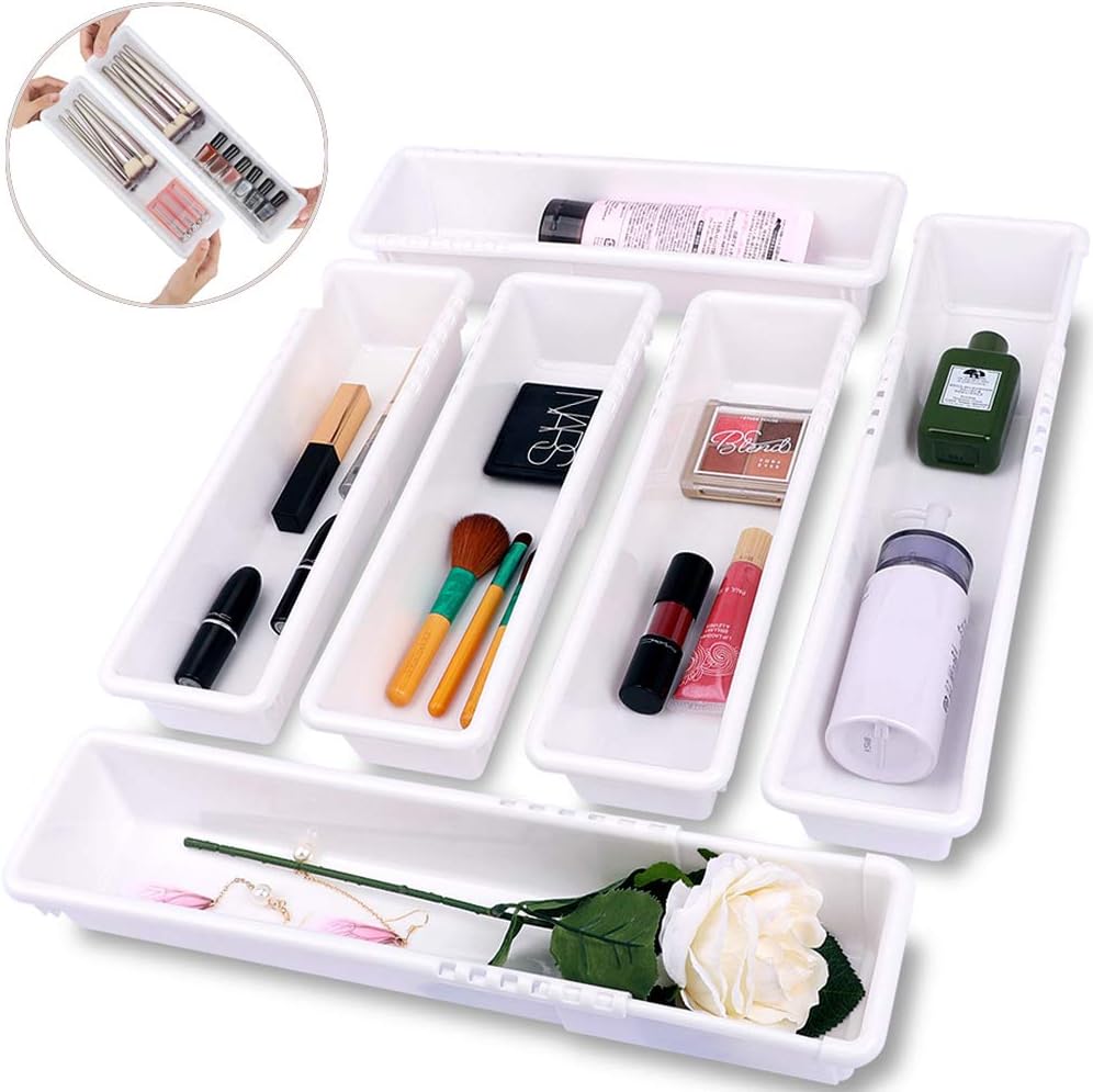 Mebbay 6 Pack Expandable Drawer Organizer Tray , White Plastic Cosmetic Makeup Slim Storage Bin for Desk, Office, Bathroom, Kitchen, 12.2-15.2", with 25 pcs Non-Slip Pads