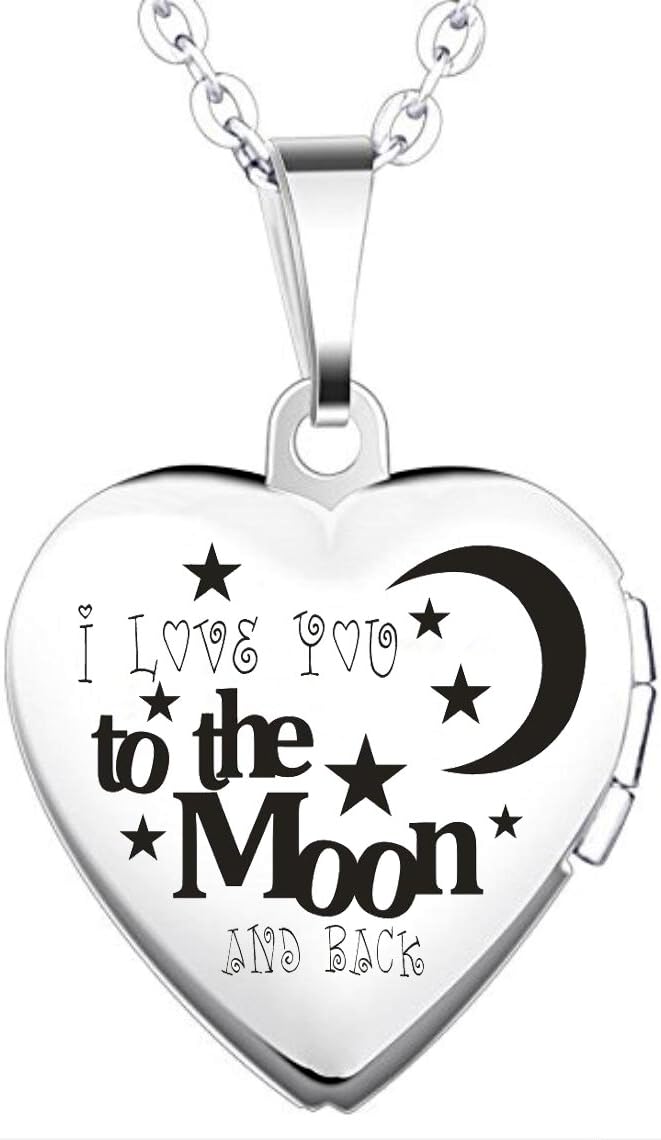 IXIQI Jewelry " I love you to the moon & back " Locket Titianium Heart Shape Locket White Gold Plated Pendant Necklaces Locket For Women For Photo Can Open 45CM