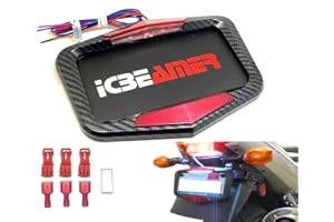 ICBEAMER Universal Fit Most Motorcycle License Plate Frame w/ 6+ Flashing LED Tail + Brake Light [Carbon Fiber Pattern]