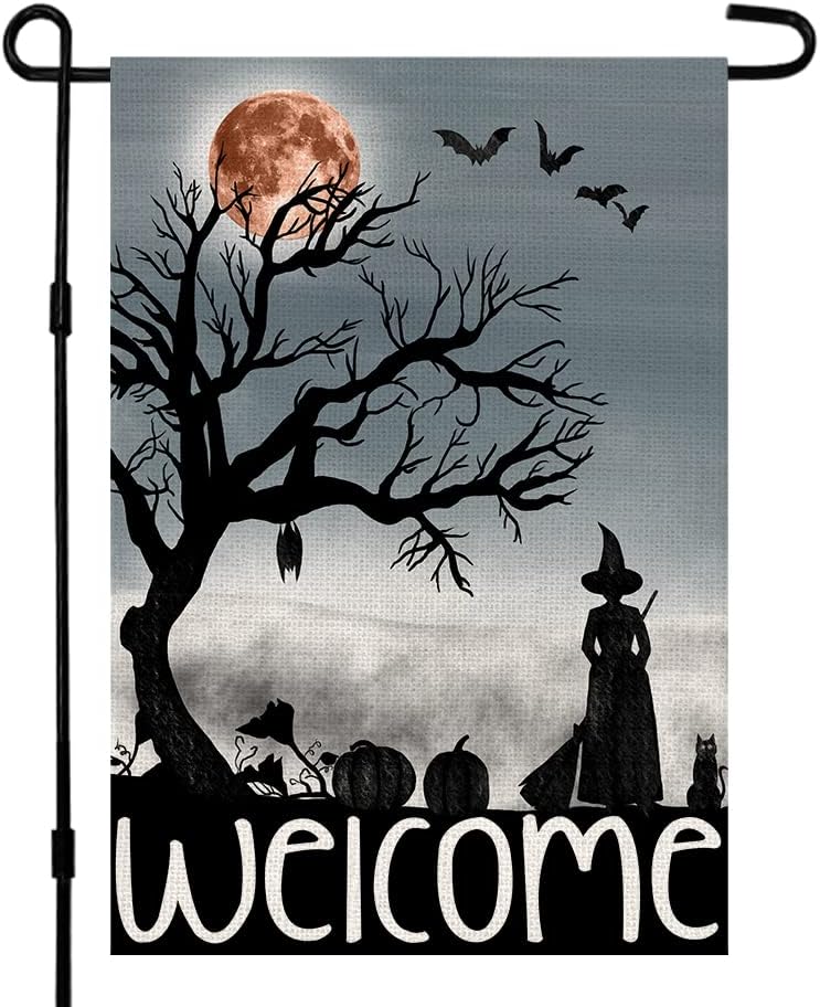 Flags - Welcome Halloween Garden Flag 12 x 18 Inch Double Sided Burlap Small Witch Pumpkin Flag Outside Porch Decor Halloween Yard Decoration DF110