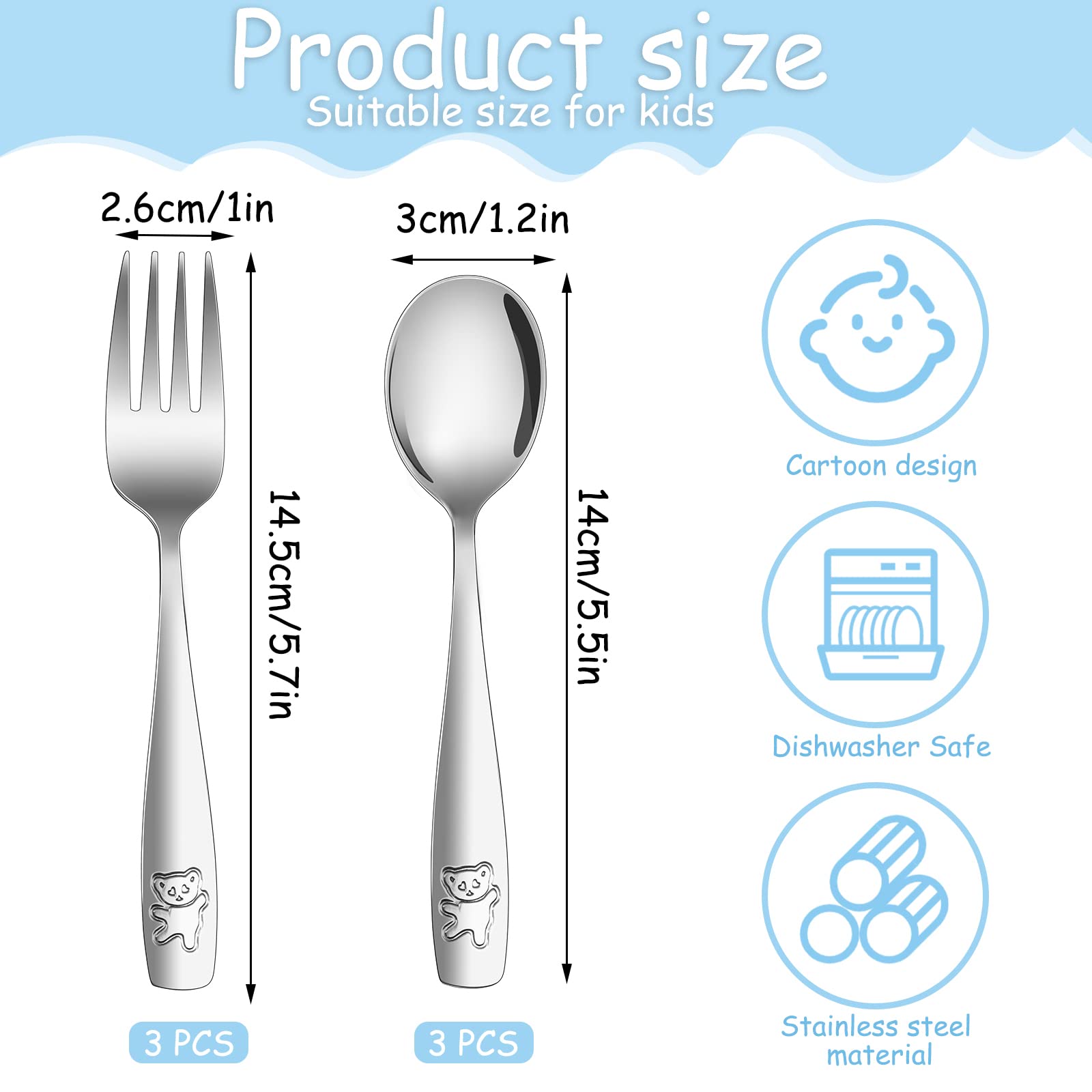 Pimoys 6 Pieces Toddler Utensils Kids Silverware Stainless Steel Toddler Forks and Spoons Set, Metal Children's Safe Flatware Kids Cutlery Set, 3 x Child Forks, 3 x Children Spoons