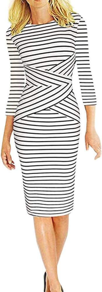 Woman Dress Jaminy Women Three Quarter Sleeve Striped Work Wear Business Cocktail Pencil Dress