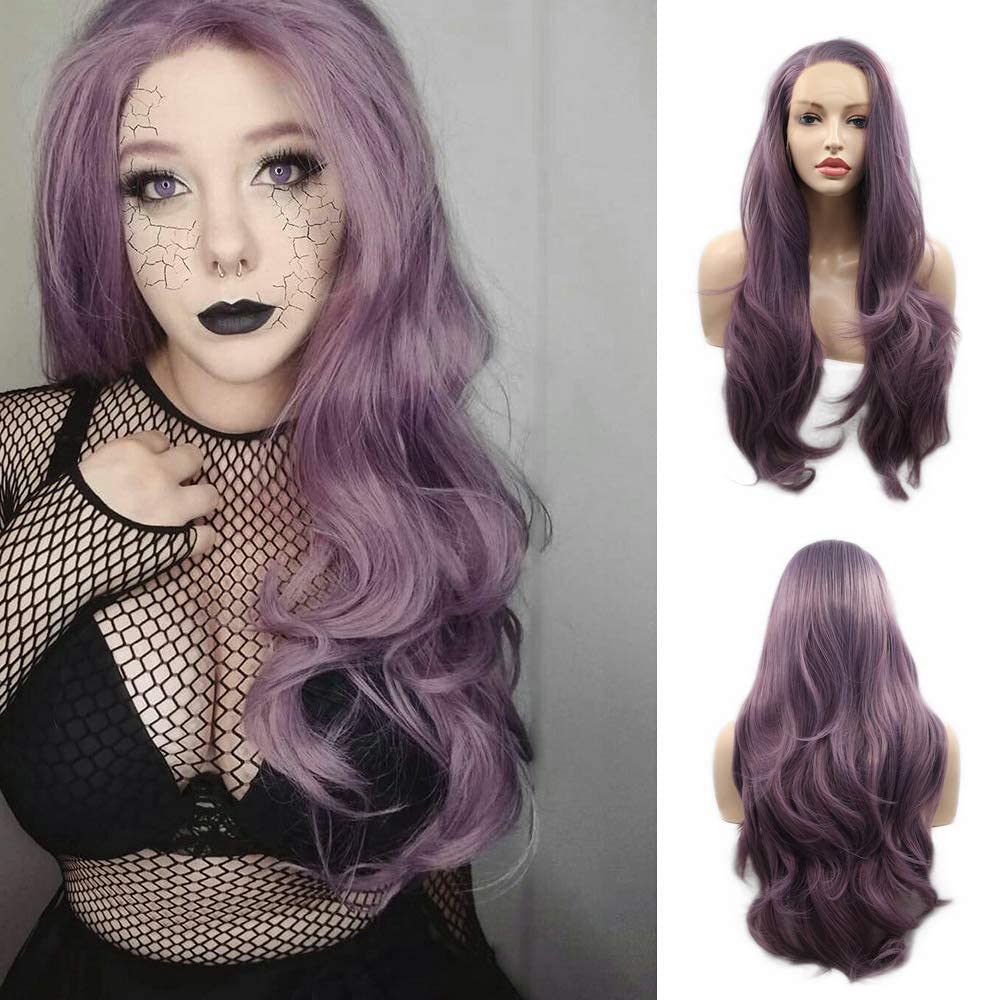 Long Wavy Purple Synthetic Lace Front Wigs Lilac Lanvender Natural Looking Side Parting Synthetic Wigs for Women Heat Resistant 24 Inch