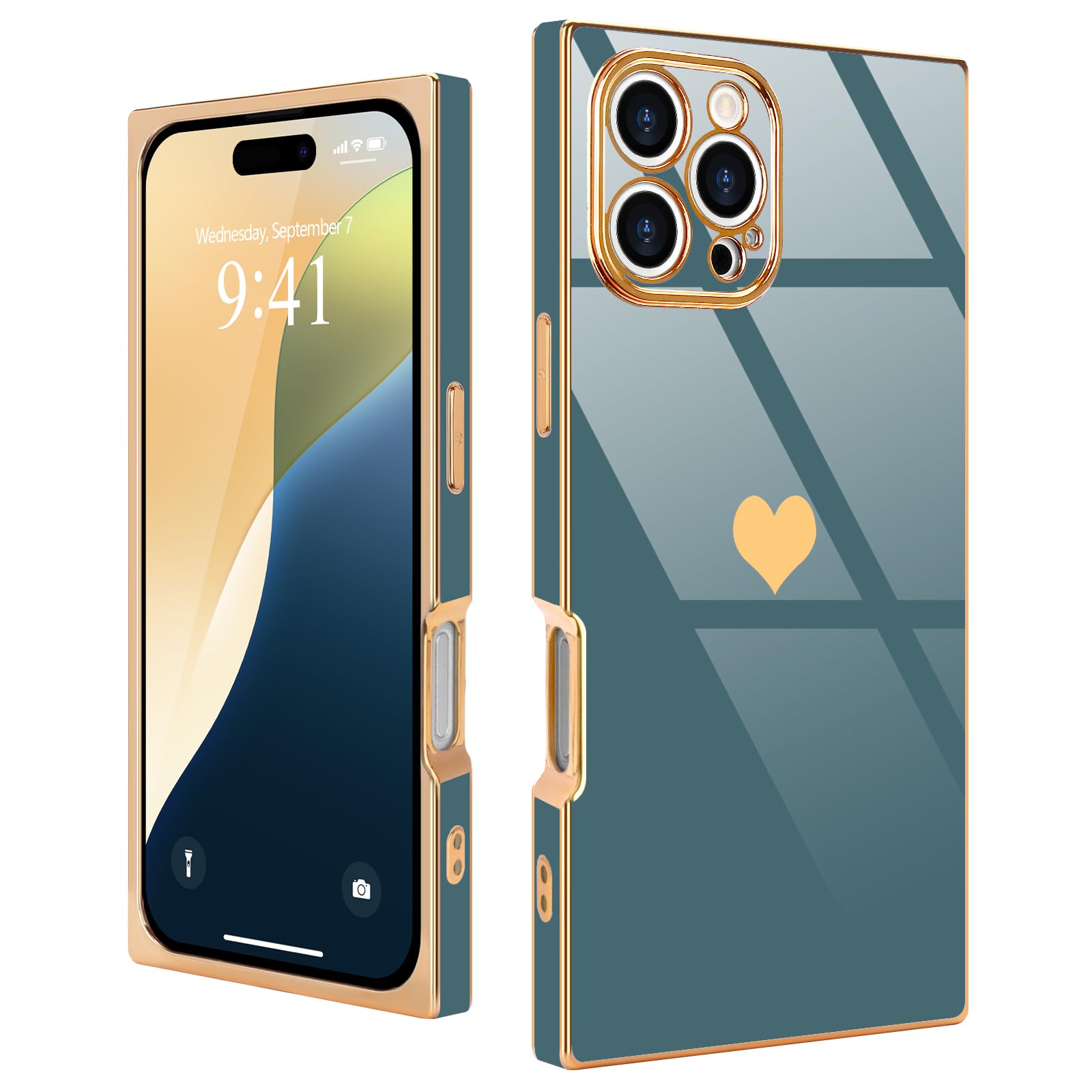 Urarssa for iPhone 16 Pro Case Cute Rectangle Heart Pattern Luxury Gold Plating Cases Women Girls Shockproof Bumper Silicone Protective Cover for iPhone 16 Pro, Grey