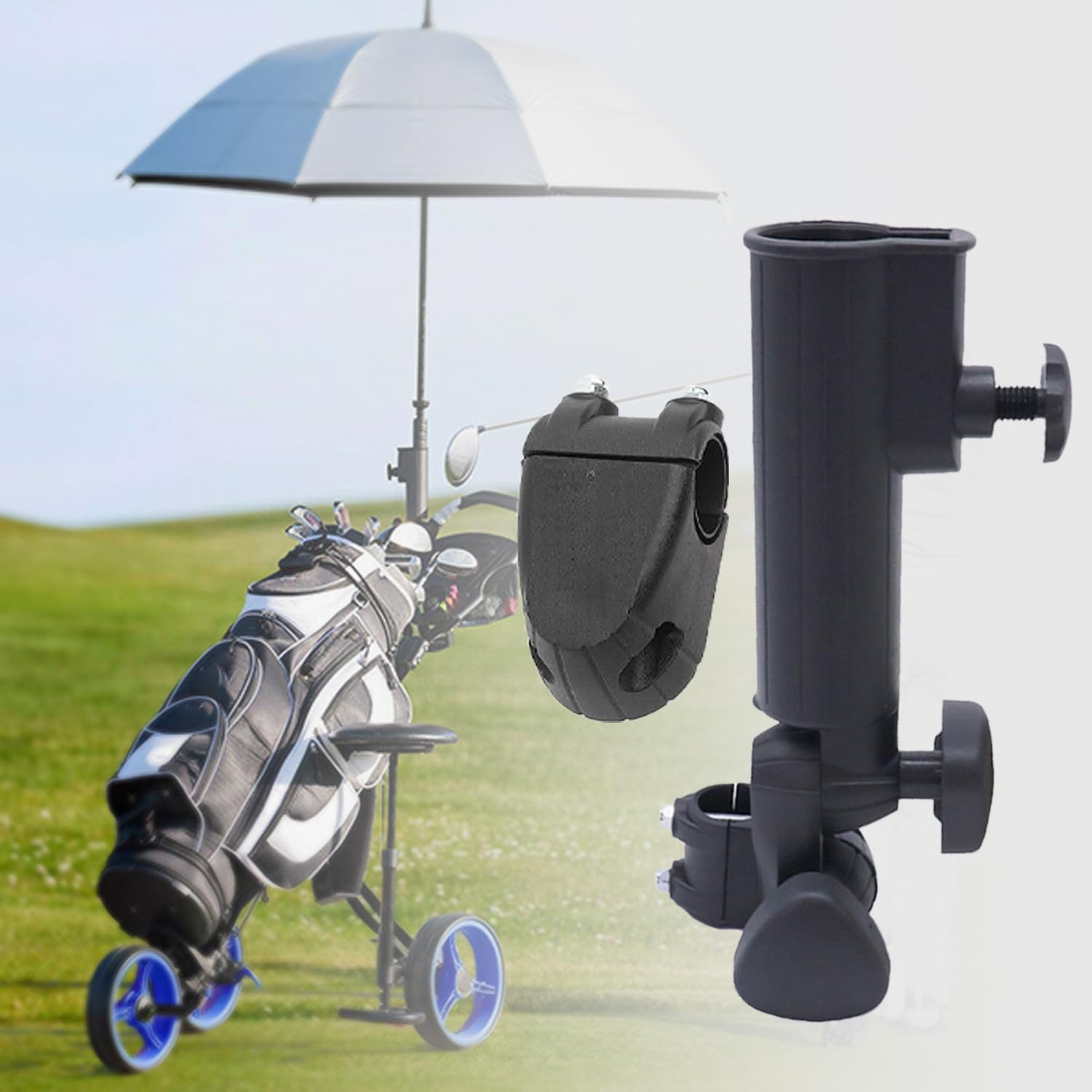 Norhogo Adjustable Golf Cart Umbrella Holder, Golf Accessories, Golf Umbrella Holder, golf trolley umbrella holder for Golf Push Cart Handles- Black-need punch