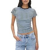 Striped Baby Tees Women Y2K Short Sleeve Slim Fitted Crop Tops Vintage Crew Neck Basic T-Shirt 90s Going Out Shirt