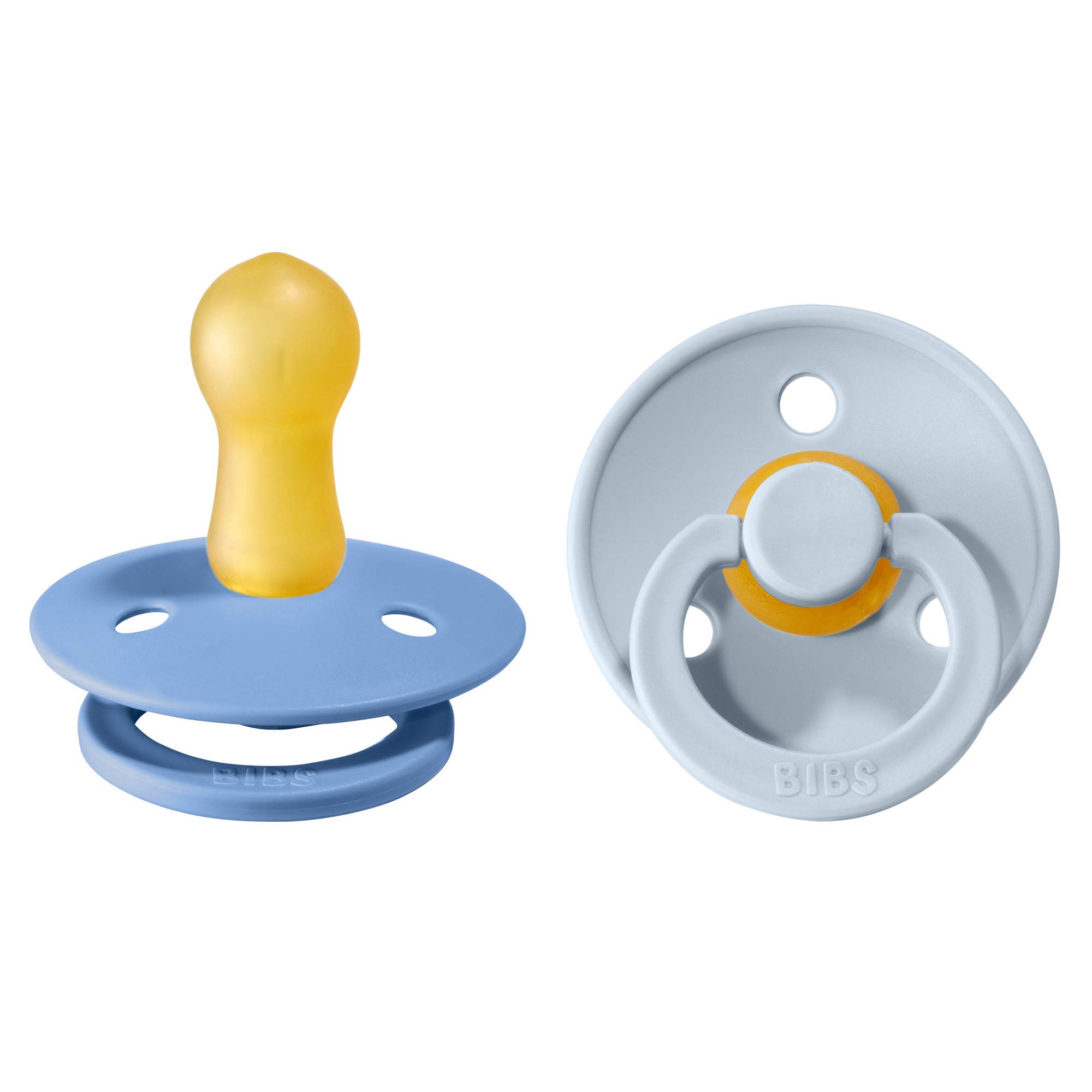 BIBS Colour Soother 2-Pack, BPA Free Dummy Pacifier, Round Nipple. Natural Rubber Latex, Size 2 (6-18 Months), Sky Blue/Baby Blue