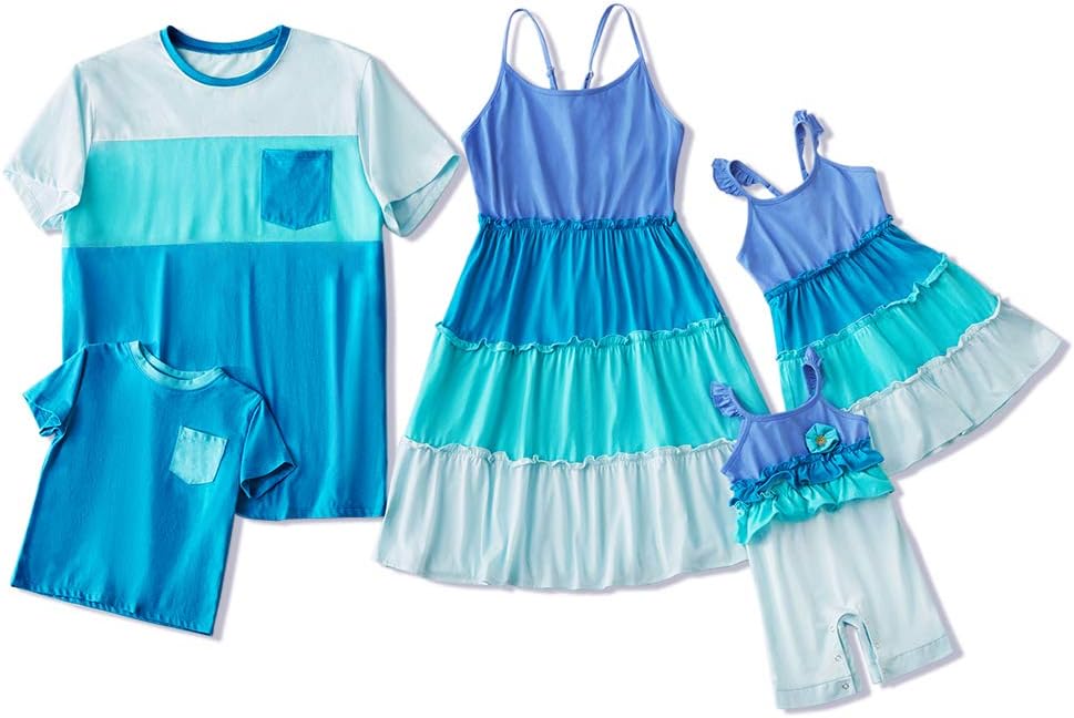 Yaffi Family Matching Outfit Clothes Summer Mommy and Me Spaghetti Dress Knee Dress Dad Boy T Shirt Blue
