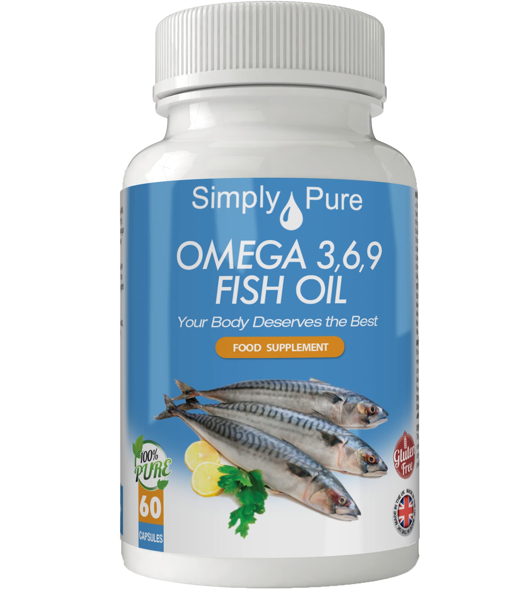 Simply Pure Omega 3,6,9 Fish Oil Complex with Flaxseed & Vitamin E for Heart Health and Joint Stiffness | Distilled for No Fishy Aftertaste | DHA and EPA | 1400mg Capsules x 60 | Gluten Free | GM Free