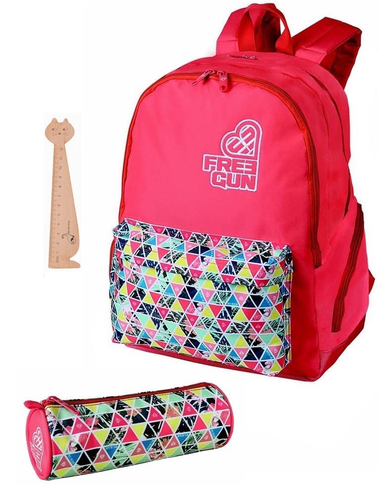 Miss Gun Pack: Tropical 2 Compartments Backpack + Pencil Case + Matching Round Pencil Funny Animal