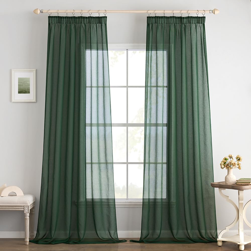 EMEMA Curtains with Ruffle Tape, Set of 2, Sheer Voile Dark Green Curtains, Transparent Curtain for Rail System, Living Room, Airy Decorative Curtain for Bedroom, 140 x 245 cm (W x H)