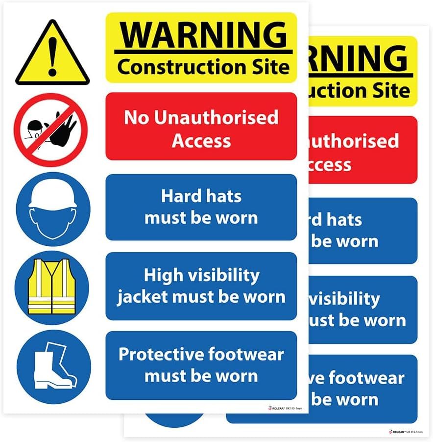 RDLCAR Site Safety Sign 1mm Rigid Pack of 2 Construction and Building Safety Sign 300mm x 400mm Multi Hazard Protective Safety Signs with High Visibility Colors