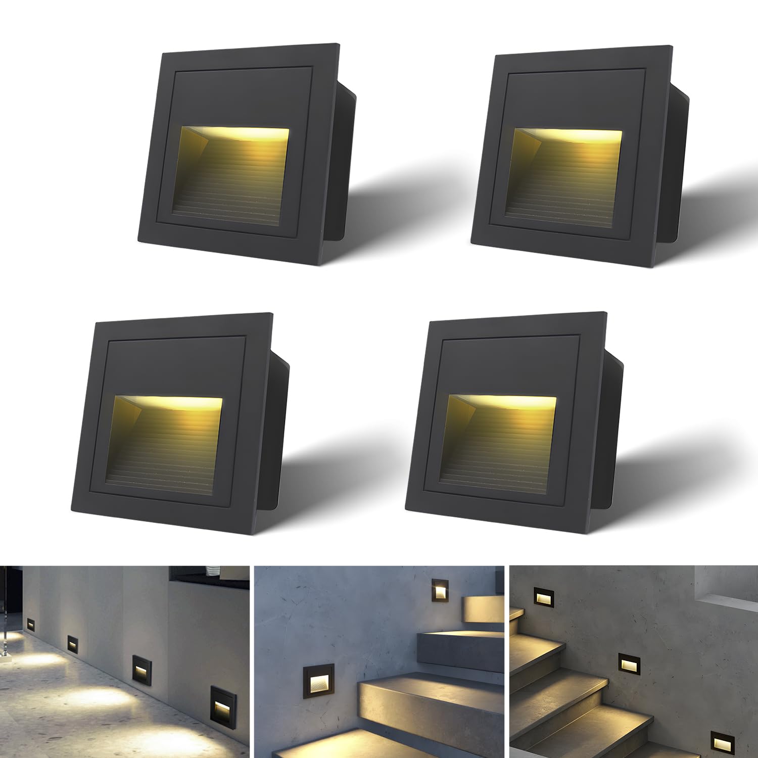 Arotelicht 4pcs/3W Wall Recessed Stair Lights LED,Warm White,Indoor Step Light,Square Recessed Wall Light,Black Cover Staircase Light IP44 for Indoor Outdoor Stairs, Home, Kitchen, Attic, Aisle