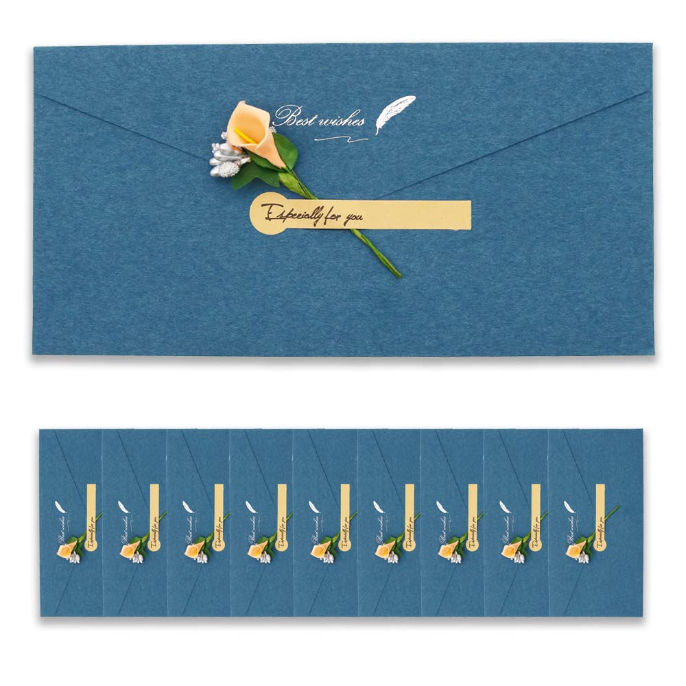 BITEYI 10pcs Fancy Envelopes with Greeting Cards Handmade Dried Flowers and Stickers,Vintage Kraft Paper Envelopes with Postcards (Blue)