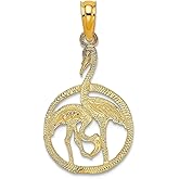 JewelryWeb 13.5mm 14k Gold Flamingos In Circle Flat Charm Pendant Necklace for Women