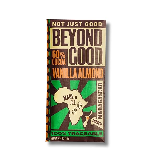 BEYOND GOOD CHOCOLATE BARS | VANILLA ALMOND DARK CHOCOLATE | ORGANIC, DIRECT TRADE, VEGAN, NON-GMO | SINGLE ORIGIN MADAGASCAR DARK CHOCOLATE