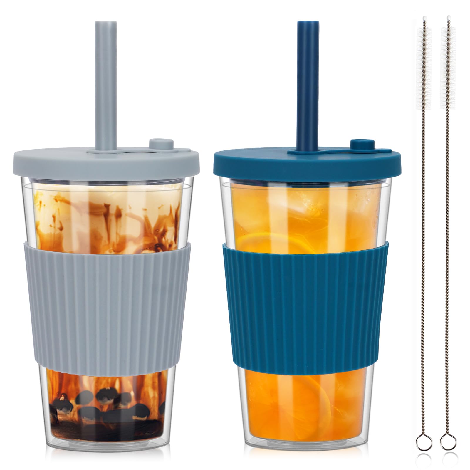 ZgoEC 2 Pack Bubble Tea Cup with Lids and Straws, 500ml/17oz Double Wall Plastic Tumbler with Straws, Leakproof Iced Coffee Cup, Smoothie Cup, Insulated Tumbler with Straw, Bubble Tea Cup for Drinks