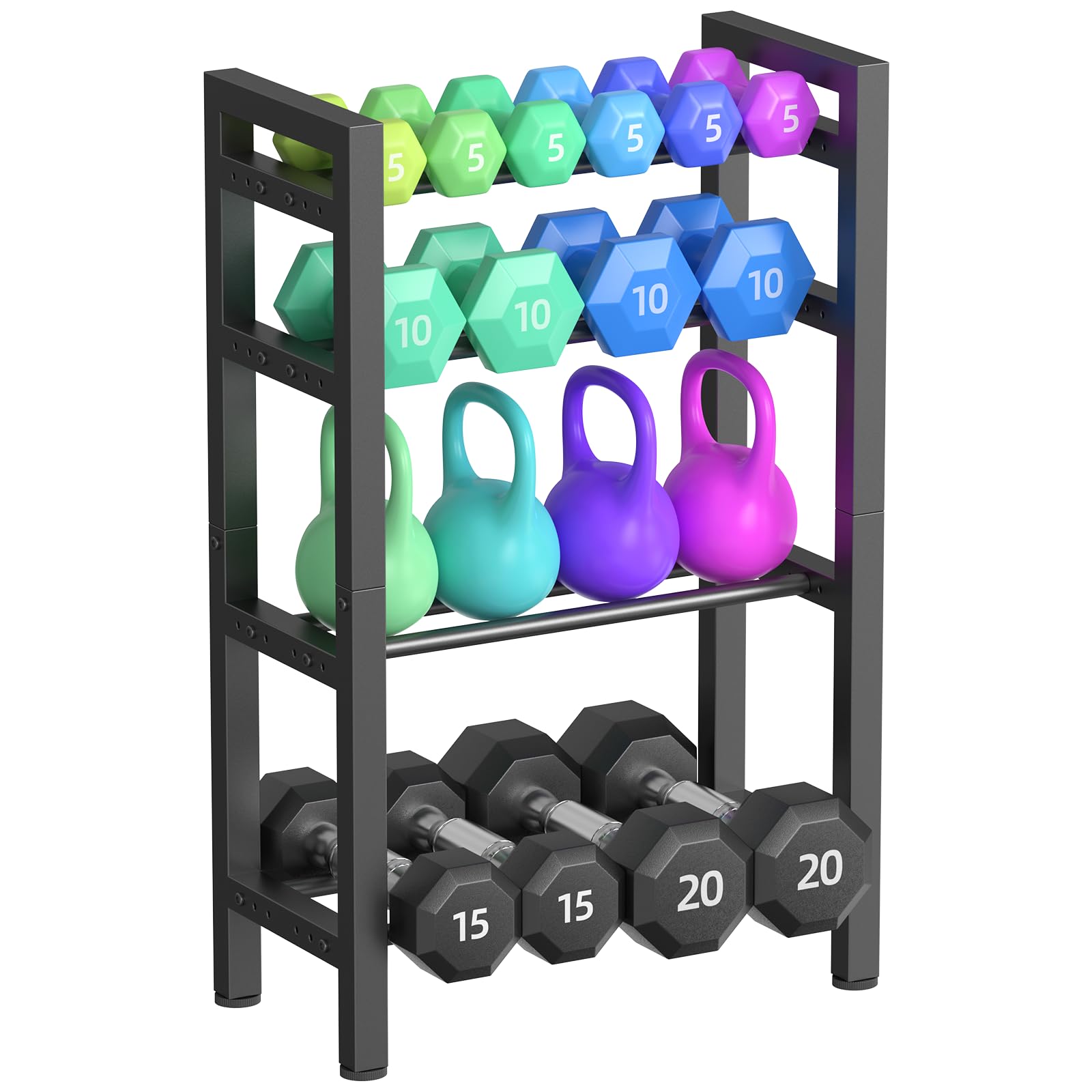 dumbbell rack, 4-tier weight rack, weight rack for home gym, adjustable kettlebell storage rack, heavy-duty weight holder, dumbbell stand organizer (rack only) short