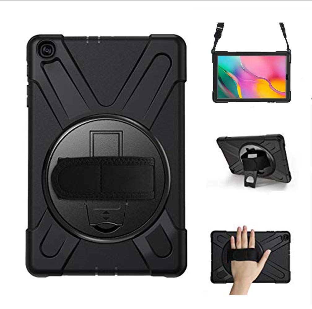 YGoal Case For Galaxy Tab A7 10.4, [Hand Strap] [Shoulder Strap] Heavy Duty Full-Body Rugged Protective Drop Proof Case with 360 Rotating Stand for Samsung Galaxy Tab A7 T500 2020, Black
