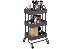MIOCASA 3-Tier Metal Utility Rolling Cart, Heavy Duty Multifunction Cart with Lockable Casters, Easy to Assemble, Suitable for Office, Bathroom, Kitchen, Garden (Dark Gray)