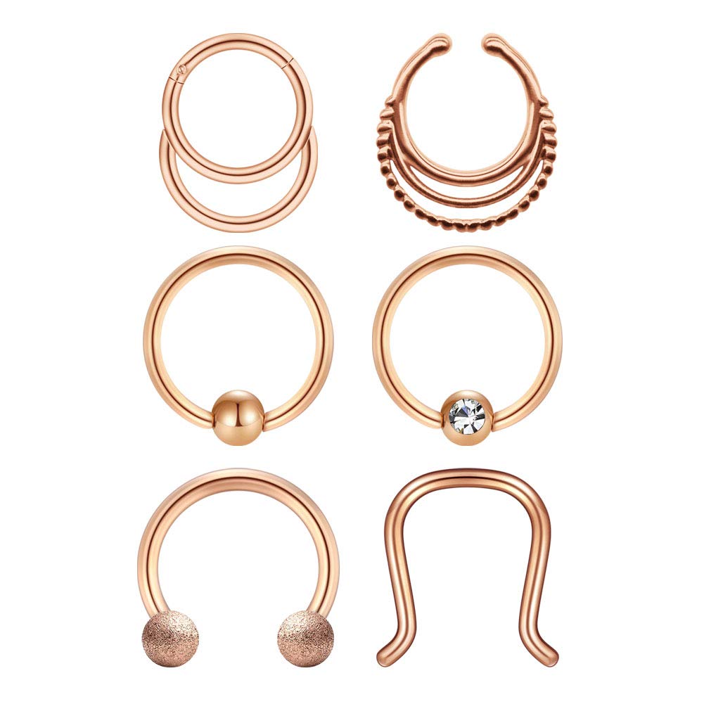 6PCS 16G Stainless Steel Septum Piercing Nose Rings Hoop Tragus Cartilage Retainer Body Piercing Jewelry - Rose gold