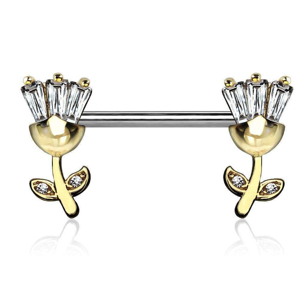 PiercedOff 316L Nipple Barbell with Princess CZ set Tulip Ends (Gold)