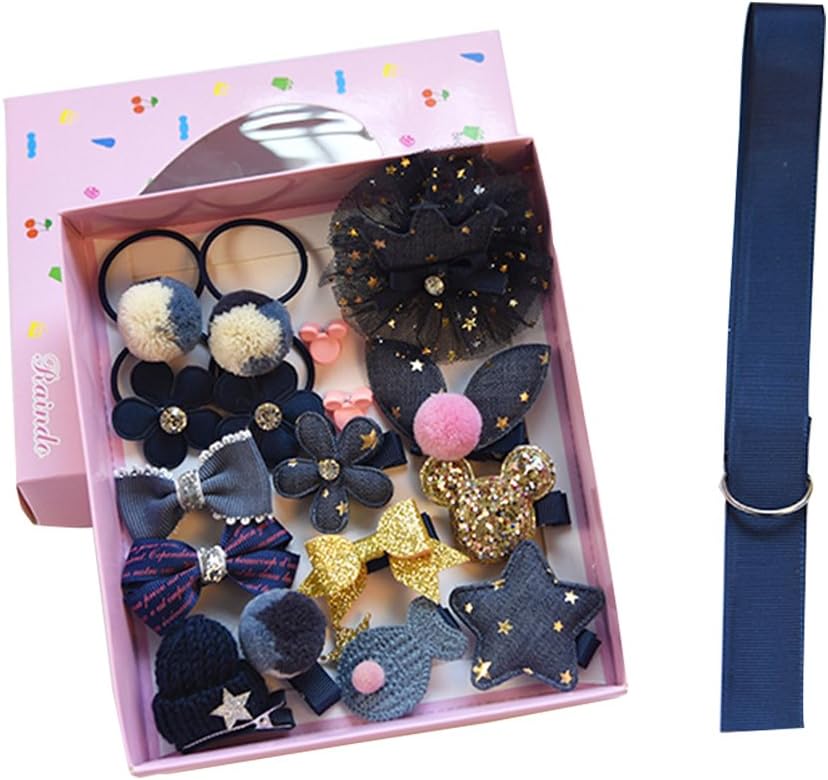 HHui Hair Clips Barrettes for Girls Hair Accessories Gift Box Set for Baby Boutique Toddlers Hair Ties Ribbon Hair Bows with Holder 18PCS (18PCS, Dark Blue (18PCS))