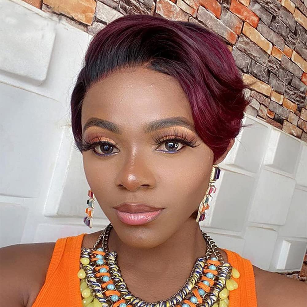PORSMEER T Part Lace Front Pixie Cut Wigs for Women Natural Synthetic Hair Ladies Glueless Short Wigs with Side Bangs 6 Inch (Black mixed wine red)