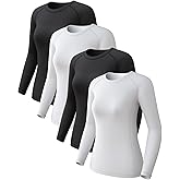 4 Pack Women's Long Sleeve Compression Shirts, Dry Fit Workout Athletic Sun Protection Cooling Tops for Yoga Running Gym