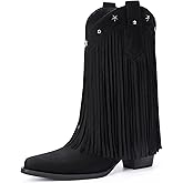 Bybmorto Fringe Cowboy Boots for Women – Mid Calf Cowgirl Boots with Star Studded, Pointed Toe and Chunky Heel, Perfect for Country Music Festivals