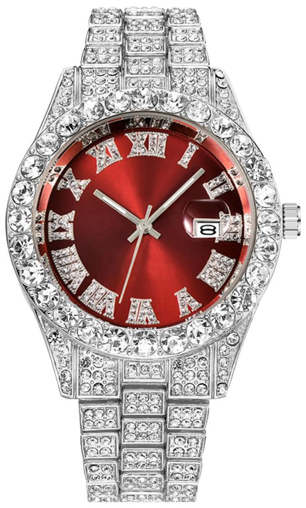 HUNRUY Hip Hop Watches for Men Iced Out Bling Diamond Luxury Quartz Watches with Date, XL face-silver red, Fashion