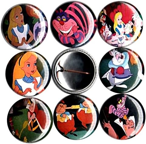 Alice in Wonderland 8 NEW button pin badges cheshire cat mad hatter