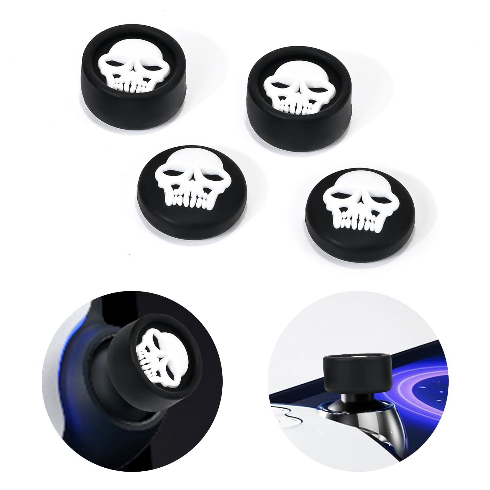 DLseego Thumb Grips Caps for PlayStation Portal Remote Player, Full Protection Anti-Slip & Anti-Scratch Anti-Fingerprint Protective Cartoon Button Cap Cover 4 Thumb Stick Caps - Black Skull