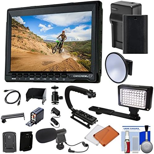 Cam CADDIE Portable 7" Camera-top Field HD IPS LCD Monitor (Canon LP-E6) + Ball Head + Sun Hood + HDMI Cable + Battery &amp; Charger + LED Light + Microphone Kit