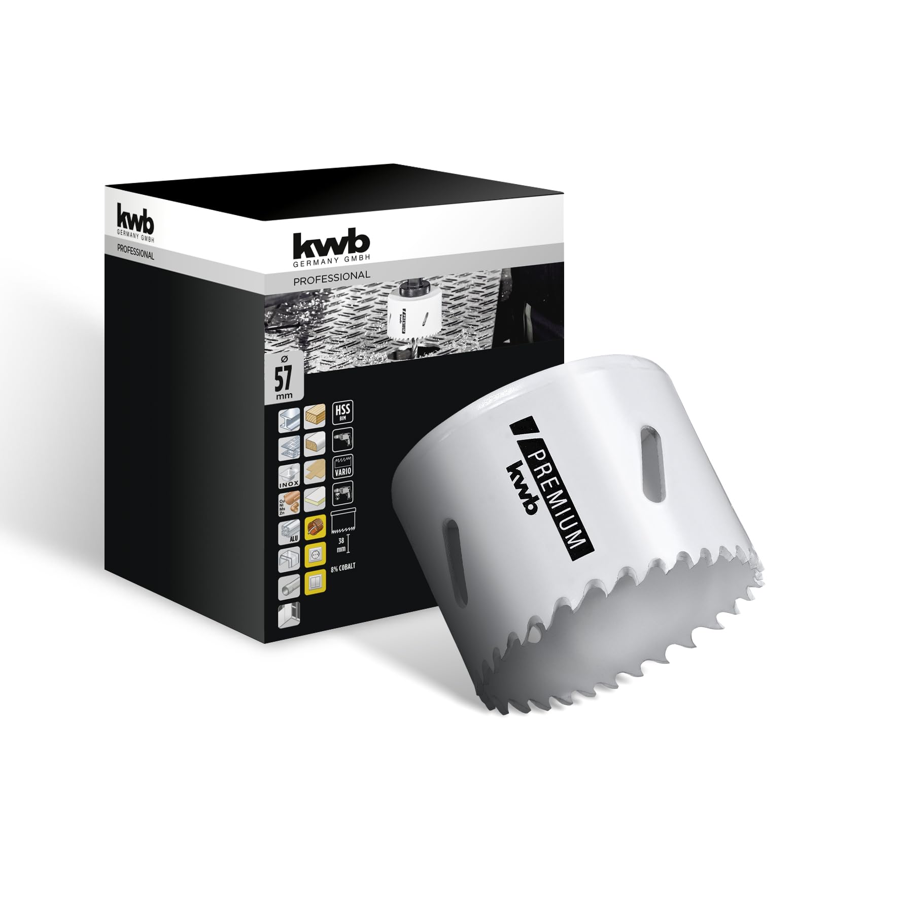kwb Hss Bi-Metal Hole Saw Ø 57 Mm, 8% Cobalt Alloy With Progressive Vario-toothing and High Precision for Versatile Use
