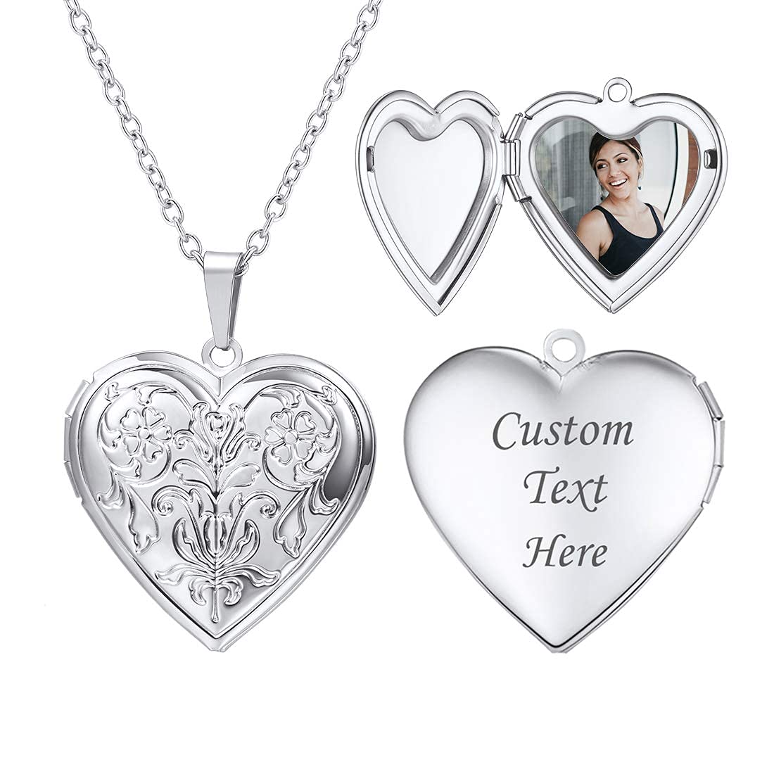 U7 Heart Locket Necklace Personalised Jewellery with Photo Inside Silver — image 1