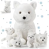 Lenwen 5 Pcs Stuffed Animal Bulk 1 Mommy Plush with 4 Cute Babies Plush Wild Stuffed Animal Toy for Boys Girls Birders Zoo Gifts(White Wolf)