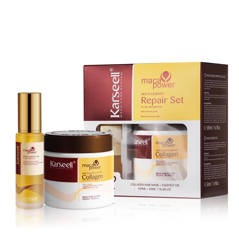 Karseell Collagen Maca Essence Repair Set, Collagen Hair Mask 500ml & Maca Essence Hair Oil 50ml, Argan Oil Hair Treatment for Dry Damaged Hair All Hair Types