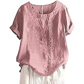 Apvirdy Womens Summer Short Sleeves Tops Casual Cotton Linen Crew Neck Blouses Solid Color Tshirt Top