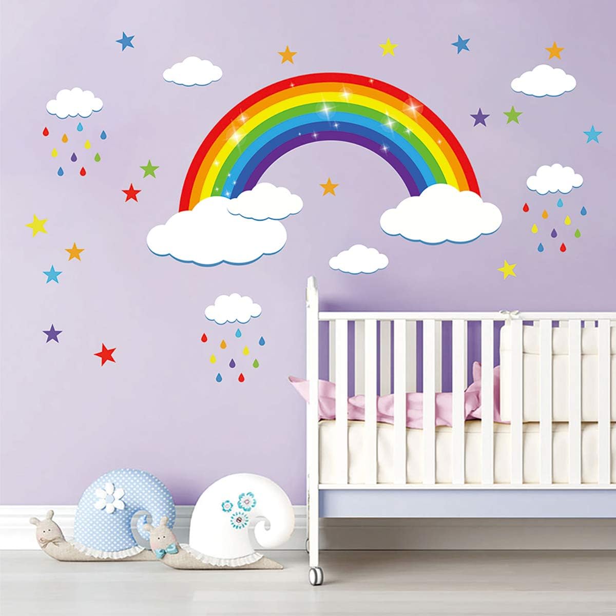 decalmile Rainbow Wall Decals White Clouds Colorful Raindrops and Stars Wall Stickers Baby Nursery Kids Bedroom Wall Decor (Large 97cm x 53cm)