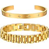 MPRAINBOW 2pcs 18K Gold Plated Chain Link Bracelet, Stainless Steel Crystal Friendship Bracelets Bangle,Watch Band Chains Wristband Jewelry with Adjust Tool