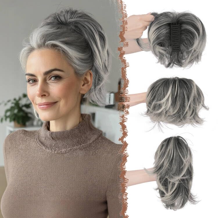 Photo 1 of FESHFEN Claw Clip Short Ponytail Extensions - DIY Bendable Metals Fluffy Messy Bun Hair Piece Straight Synthetic Hairpieces Ponytail Extension for Women, Black Gray and White Tips