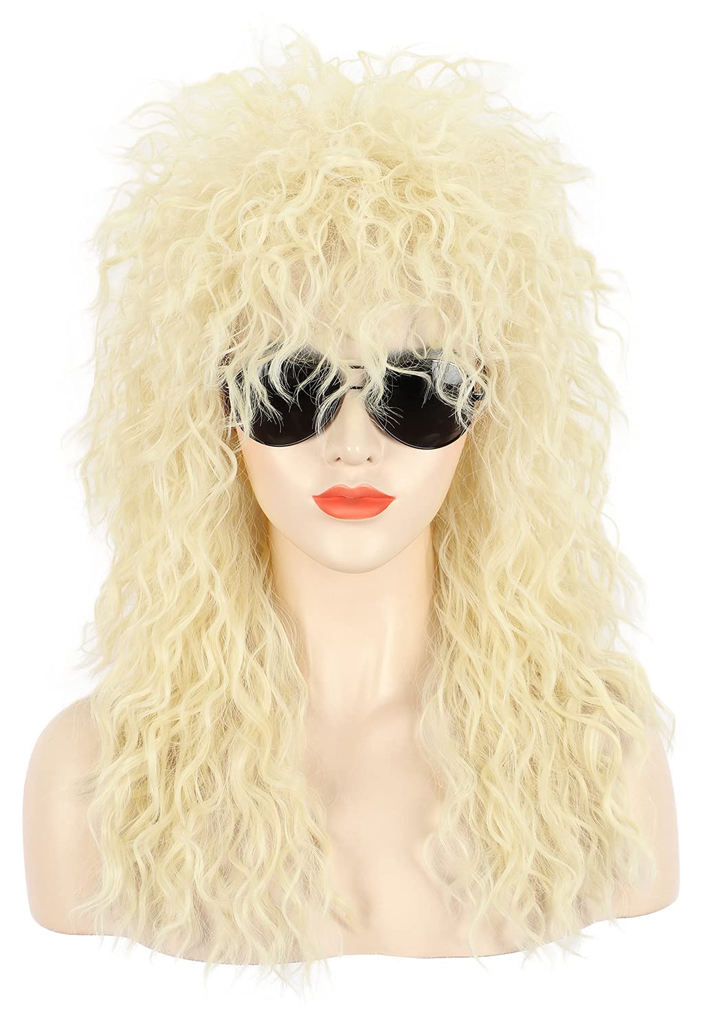 Karlery Adult Men Women Long Curly Blonde Wig 70s 80s Heavy Metal Rocker Mullet Costume Wig