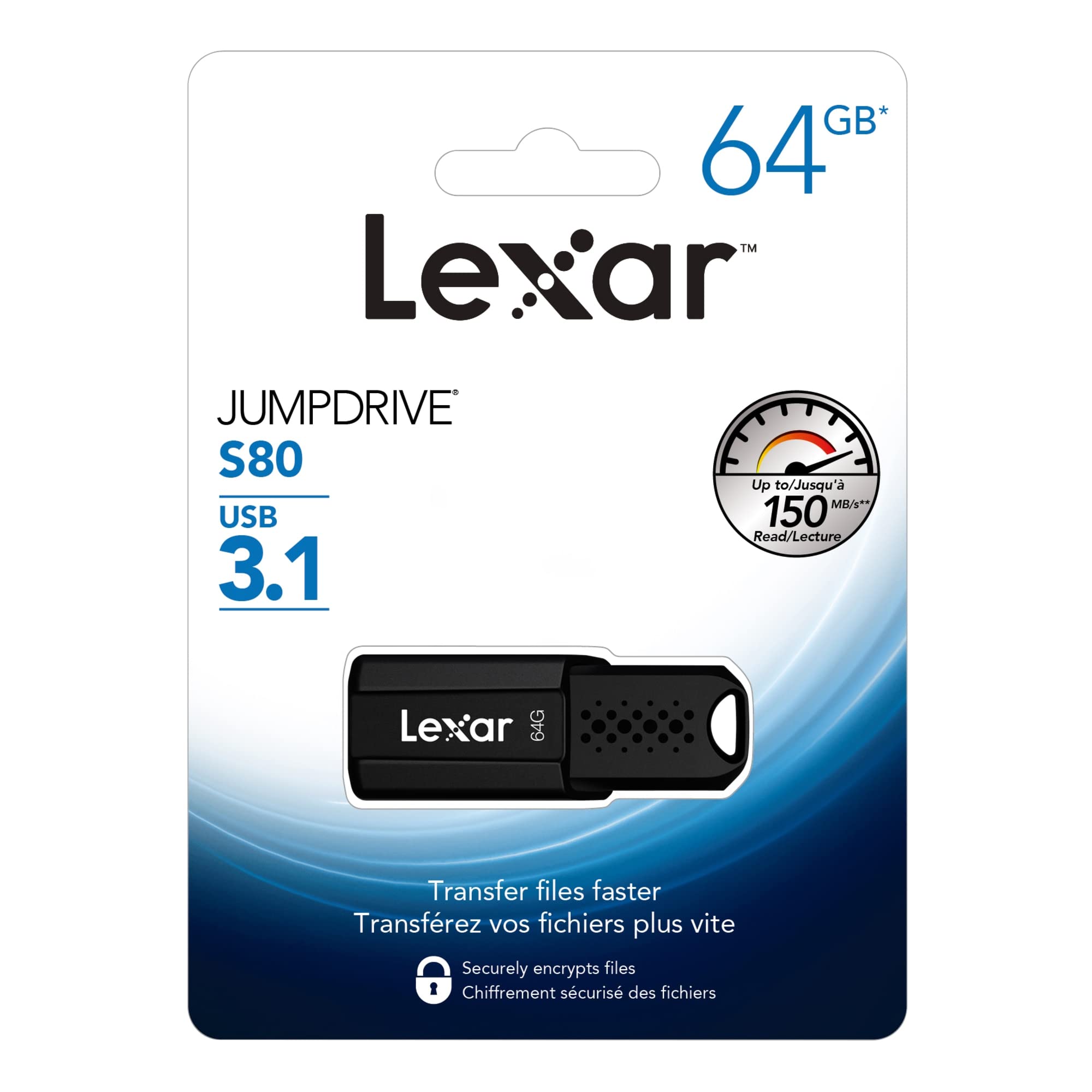 Lexar JumpDrive S80 64GB USB 3.1 Flash Drive, Up to 150MB/s Read (LJDS080064G-BNBNU), Black