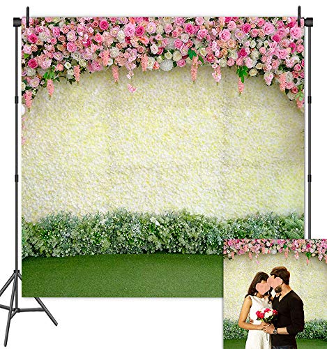 Spring Floral Wedding Party Supplies Photo Background Vinyl 6x6ft Flower Wallpaper Picture Green Grass Lawn Photography Backdrop Bridal Shower Photo Booths Studio Props Decorations Banner