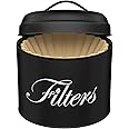Black Basket Coffee Filter Holder With Lid - Round Container for Counter Storage - Rustic Farmhouse Bar Accessories Decor