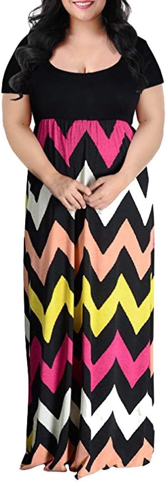 Dress for Women Liusdh Plus Size Chevron Printed Black Short Sleeve Tank Tunic Tops Blouse Slice Rubber Band Waist Design Long Maxi Dress